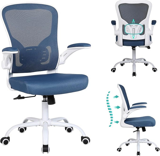 Flysky Ergonomic Office Chair, Mesh Home Office Desk Chair with Flip-up Arms and Lumbar Support, Height Adjustable, Swivel, White & Blue