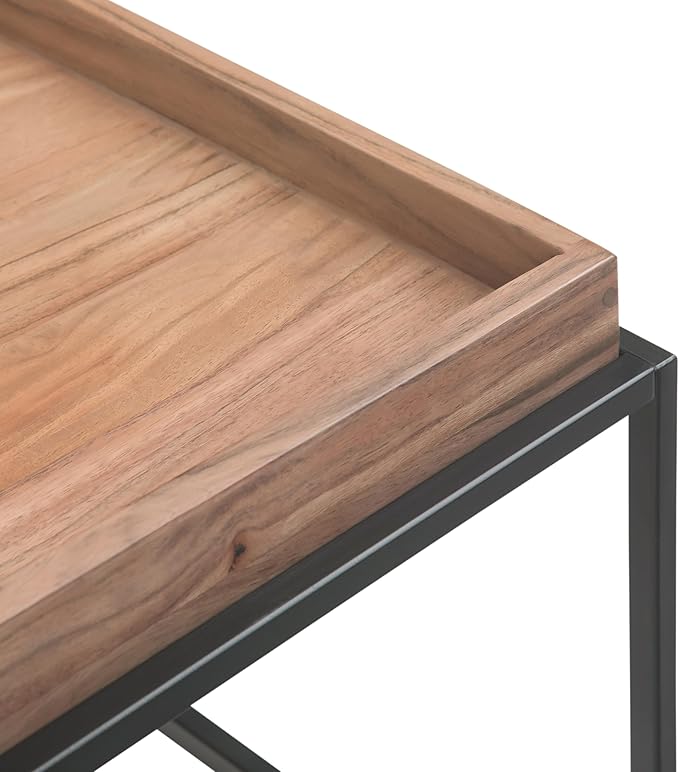 SIMPLIHOME Carter Coffee Table - 47 inch Wide Solid Acacia Wood Industrial Tray Top Cocktail Table in Natural Acacia, Stylish Living Room Table with Fixed Tray Shelf and Metal Base