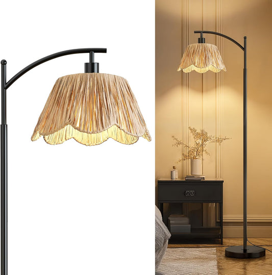 Oneach Arc Floor Lamp for Living Room,Rattan Boho Floor Lamp with Hand-Woven Wicker Shade, Foot Switch,Black Metal Base & Pole,Farmhouse Standing Lamp for Bedroom Corner,Reading