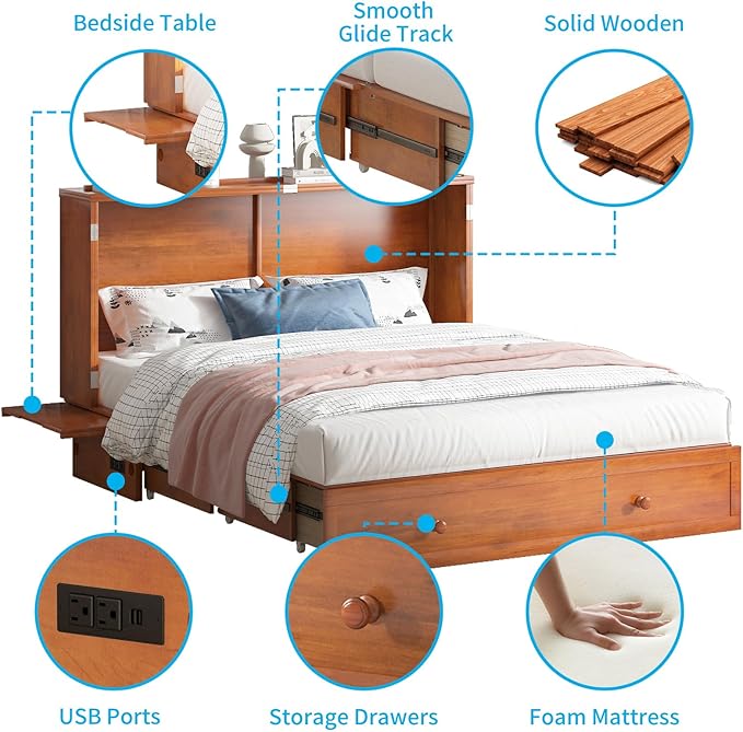 Mjkone Murphy Bed Queen Cabinet Bed with Tri-fold Mattress and Built-in USB Charging & 2 Drawers & Bedside Panel, Hidden Guest Beds, Murphy Cube Chest Cabinet Beds for Bedroom/Apartment - Cherry