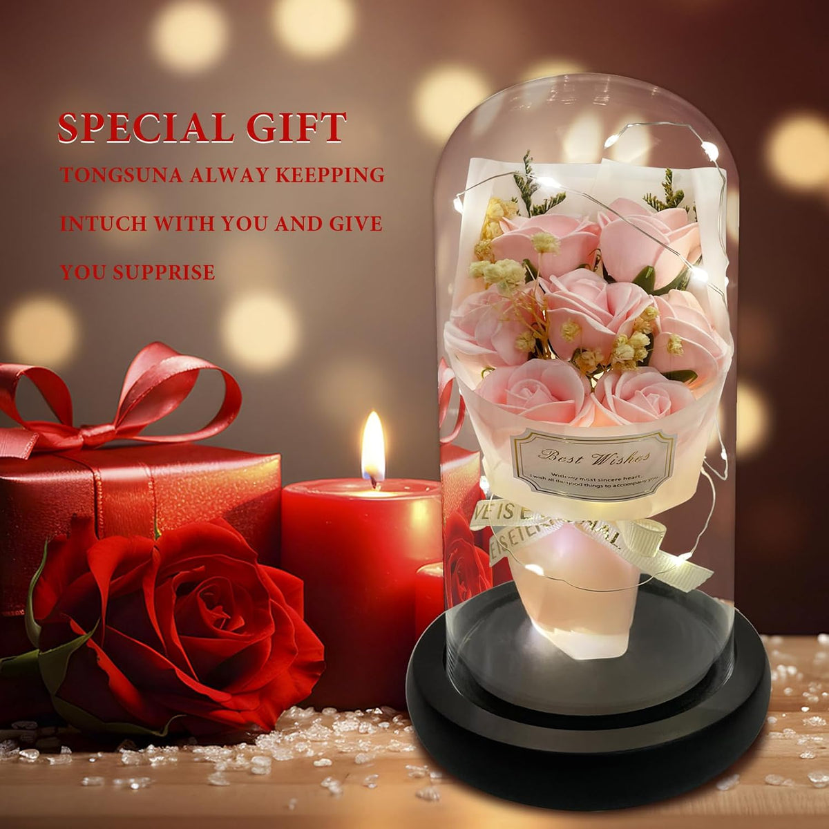 Gift for Her Forever Flower Bouquet for Delivery Prime Preserved Pink Roses Glass Dome LED Light 100 Languages I LOVE YOU Necklace Mothers Day Birthday Romantic Valentines Gift for Wife Women Mom