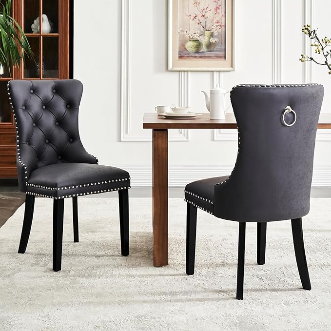 Leather Dining Chair Set of 4, Dining Room Chairs with Nailhead Ring Pull Trim, Upholstered Dining Chairs with Solid Wood Legs for Kitchen Dining Room (Black)