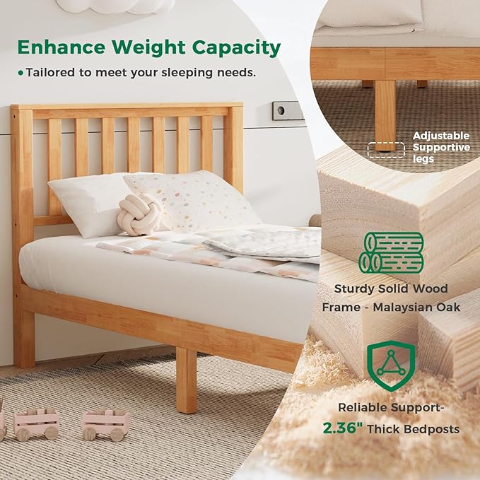 DELAVIN Twin Bed Frame with Headboard, Malaysian Oak Wood Platform Bed Frame, Farmhouse Bed Frame with 12 Wooden Slats Support, No Box Spring Needed, Easy Assembly, Twin, Rustic Pine