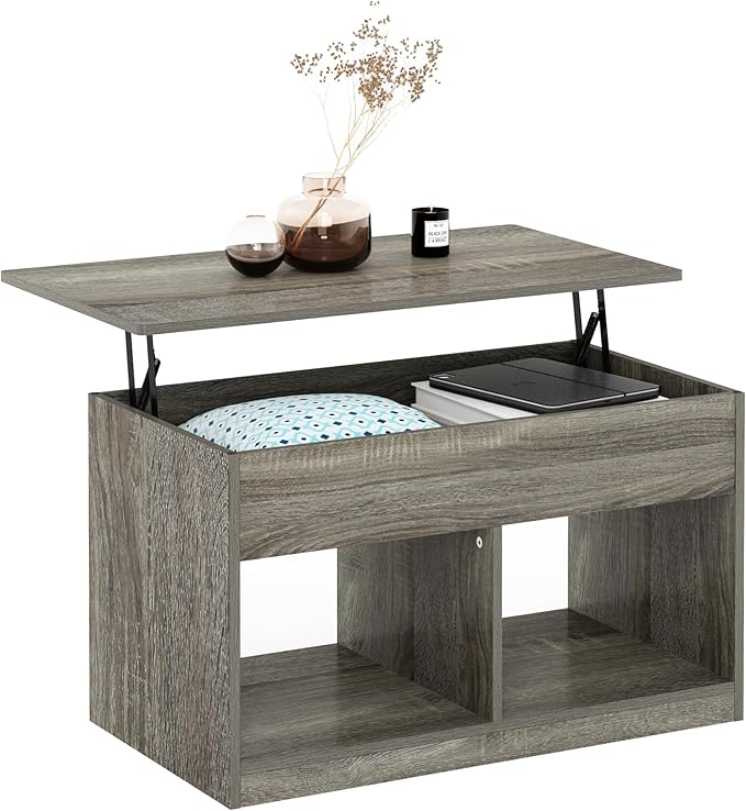 Furinno Jensen Living Room Lift Top Coffee Table with Hidden Compartment, French Oak Grey