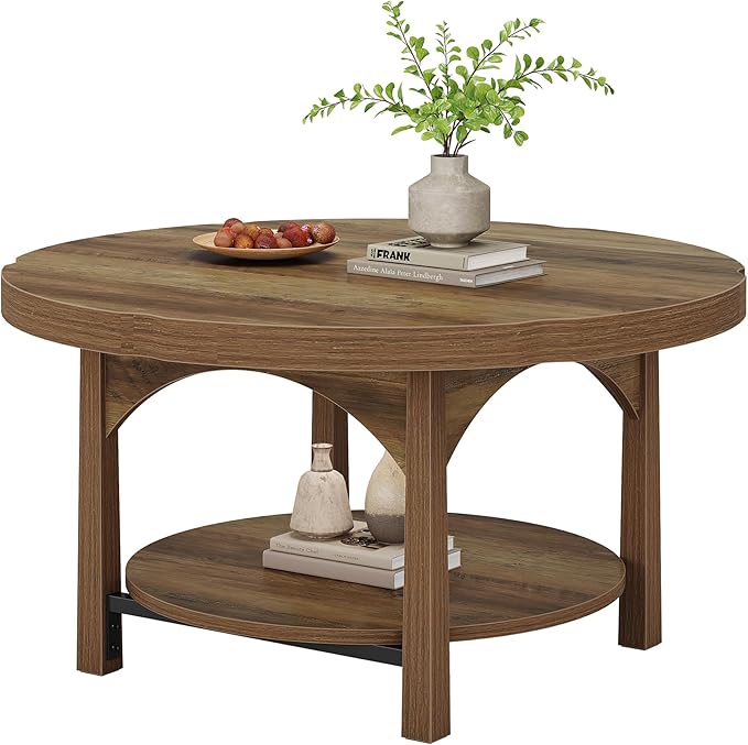 Tribesigns Round Coffee Table, 2-Tier Farmhouse Center Table with Storage Shelf, Rustic Wooden Cocktail Tables for Living Room