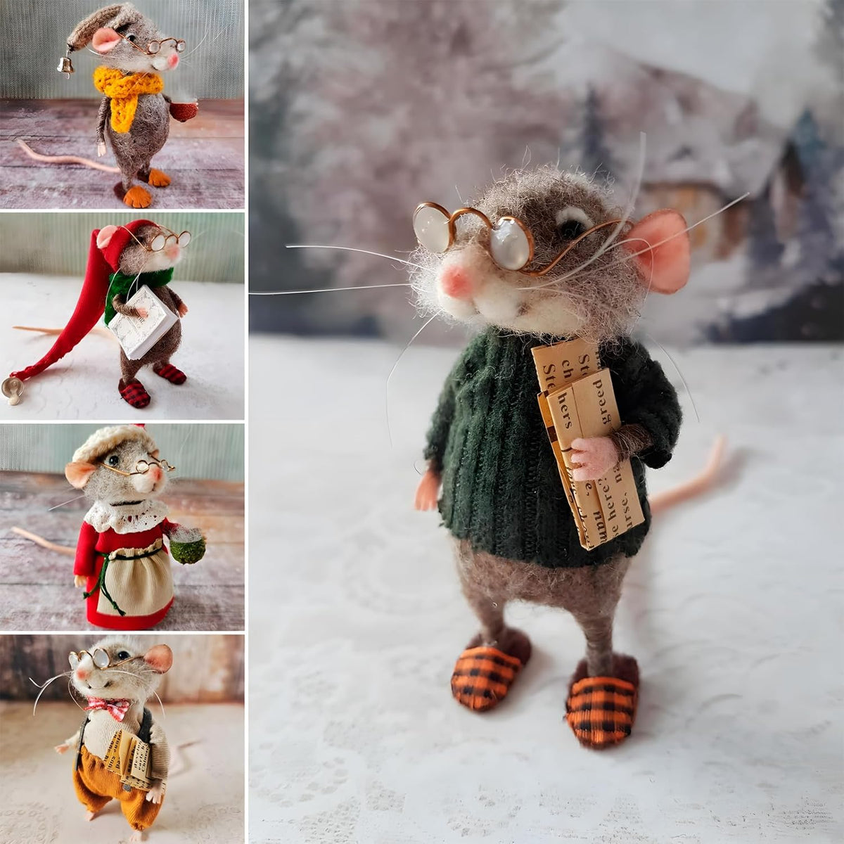Felted Mouse, Cute Miniature Dollhouse Felt Mouse Ornament, Felt Wool Mice Figurine for Holiday Decor, Needle Felted Mouse Doll Decorations Festival Statue (Teacup)