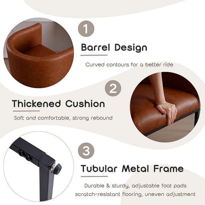 PU Leather Bar Stools Set of 4, Modern Upholstered Counter Height Bar stools 24" Leather Barstools Barrel Kitchen Counter Island Stools with Black Metal Base, Brown