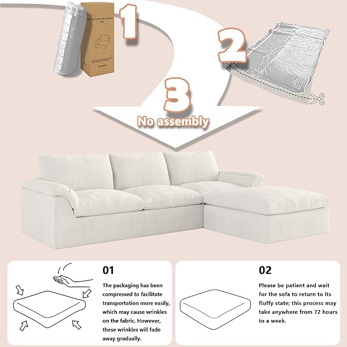 EASE MOOSE Boneless Modular Cloud Couch, Oversized L-Shaped Sectional Sofa for Living Room, Extra Large Movable Couches, 6-Deep-Seat Movable Sofas for Bedroom, Apartment, Chenille (White)