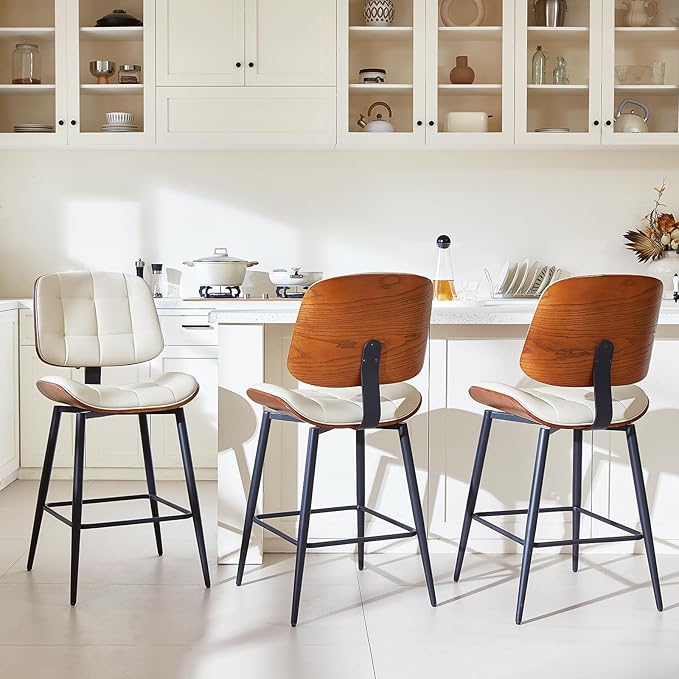 Mid Century Modern Bar Stools Set of 3 for Kitchen Island,Upholstered Beige Faux Leather Counter Height stools,26 Inch Counter stools with Walnut Grain Back