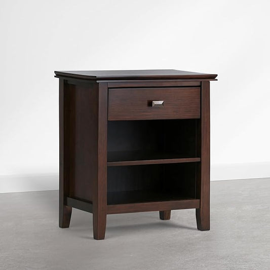 SIMPLIHOME Artisan Bedside Table - 24 inch Wide Solid Wood Nightstand Table in Autumn Brown, Transitional Bedside Stand for Bedroom with Drawer and Open Shelf for Storage