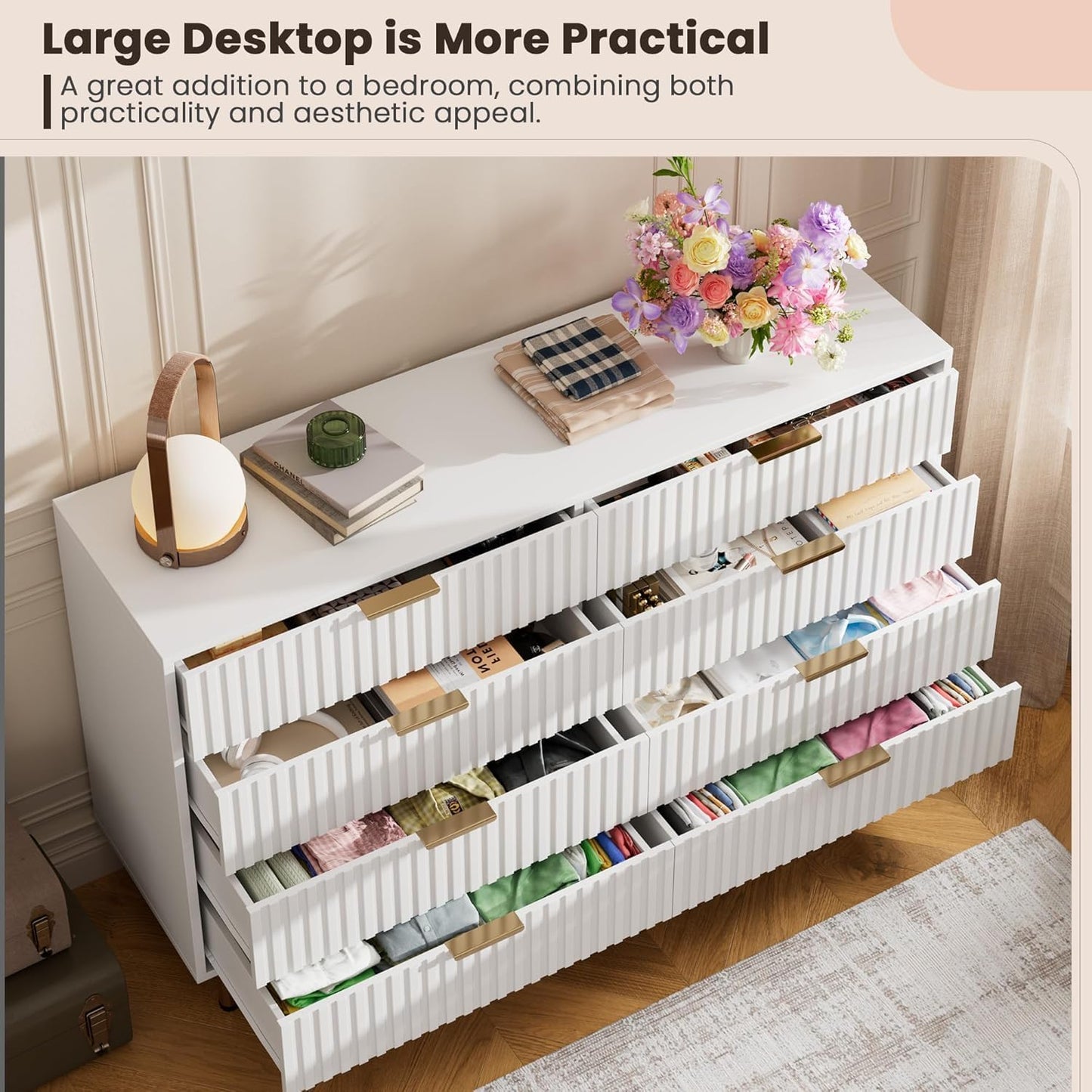 8 Drawer Dresser for Bedroom, Fluted 55" Wide Modern Chest of Drawers with Deep Drawers, Wooden Dresser Organizer for Living Room, Hallway, Kids Room, White