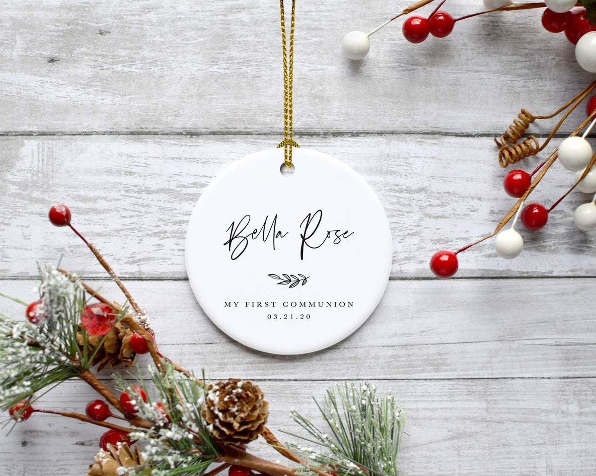 Andaz Press Personalized Round Ceramic Porcelain Christmas Tree Ornament Engagement Collectible Gift for Baby, Ava Marie Carter My First Communion 03.21.20, Antique Handdrawn, 1-Pack