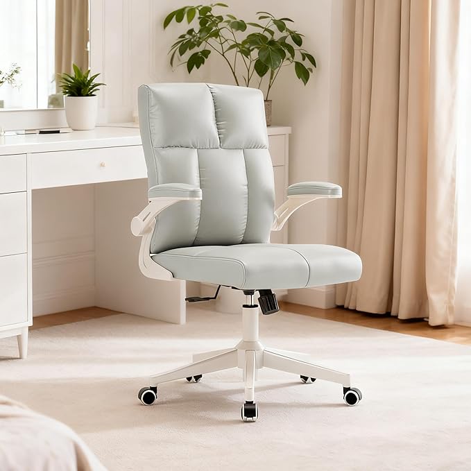 Ergonomic Home Office Desk Chair with Space Saving Flip-Up Arms, 360° Swivel & Reclining Back, High-Back Executive Chair in Soft Faux Leather Chair Multi-Angle from 90° to 135°（Gray）