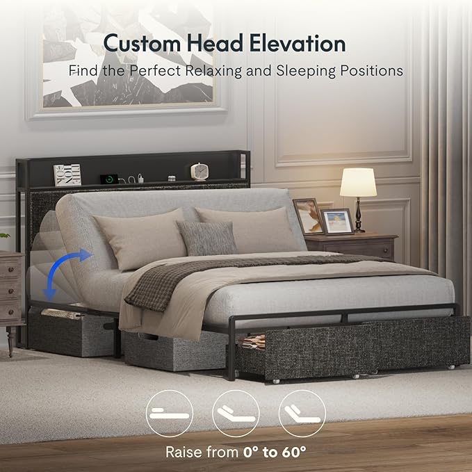 FLEXISPOT Queen Adjustable Bed + 10" Cooling Gel Memory Foam Mattress, Storage Headboard, Charging Station, LED Light, Drawers, Quiet DC Motor, Easy Assembly – Bonus 4-Piece Queen Sheet Set Included
