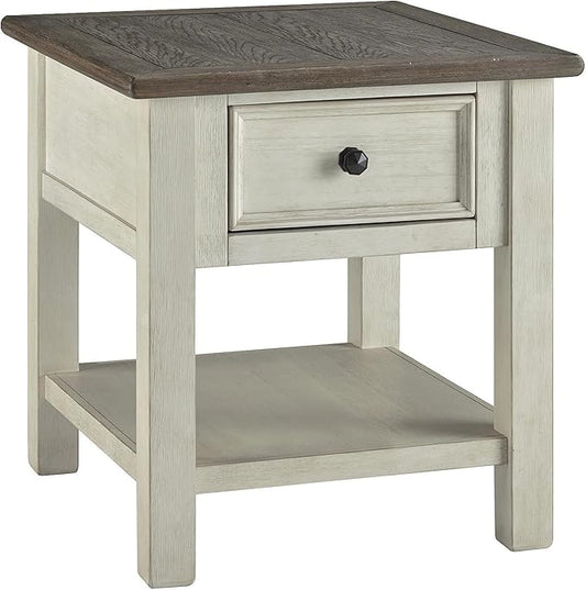 Signature Design by Ashley Bolanburg Farmhouse Rectangular End Table, Plank Style Top, Drawer, Wood, 24" W x 27" D x 25" H, 2-tone Finish, Antique Cream