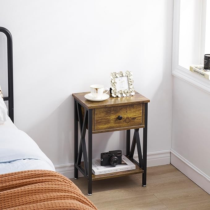 VECELO End Tables, Modern Nightstand with Drawer & Shelf, Night Stand for Bedroom Living Room,Industrial Metal Frame