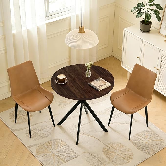 31.5" Round Dining Table and Chairs Set for 2, Small Dining Table Chairs Set Space-Saving, Small Dinette Sets for 2 for Kitchen Dining Room Apartment(Walnut Table + Brown Chairs)