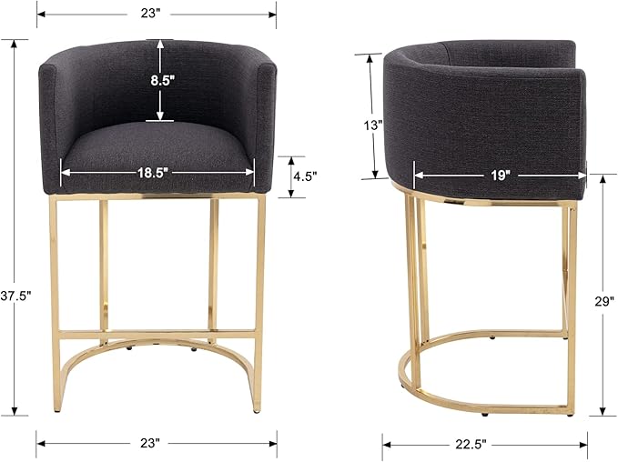 Contemporary Charcoal Linen Bar Stool, 29" Upholstered Fabric Counter Height Barstool Kitchen Counter Island Stool with Golden Metal Base