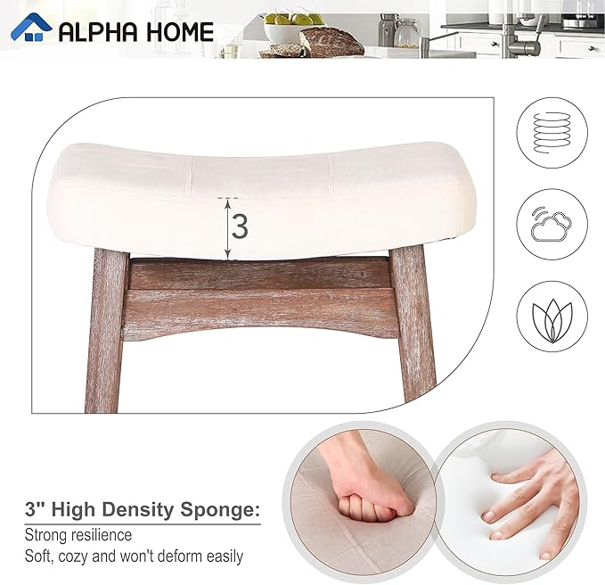 ALPHA HOME Bar Stools Set of 3, Solid Wood Saddle Kitchen Stools with Beige Linen Fabric Cushion Counter Height Barstools, 24 Inch, 3PCS