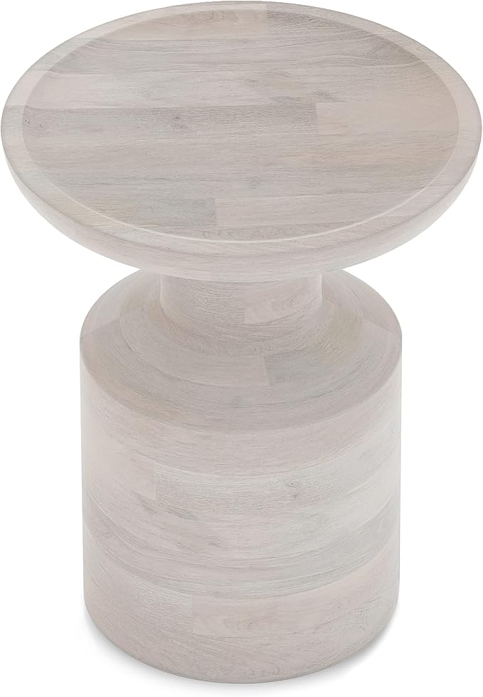 SIMPLIHOME Haynes End Table - 16 inch Wide Solid Mango Wood Round Accent Table with Sculptural Pedestal Base in White Wash, Boho Nightstand or Lamp Stand for Living Room or Bedroom, Assembled