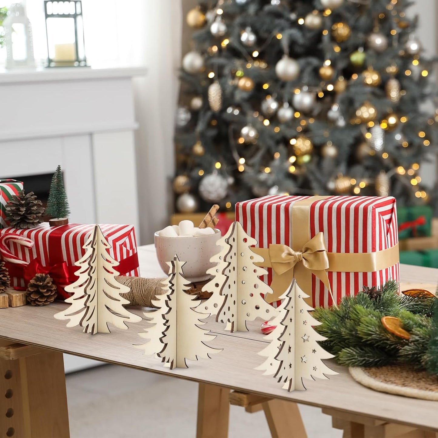 COCHIE DIY 3D Christmas Tree Wood Crafts to Paint for Kids Adults, Paintable Unfinished Wooden Slices for Craft, Xmas Trees Cutouts Ornaments for Painting Decorations (24 PCS)