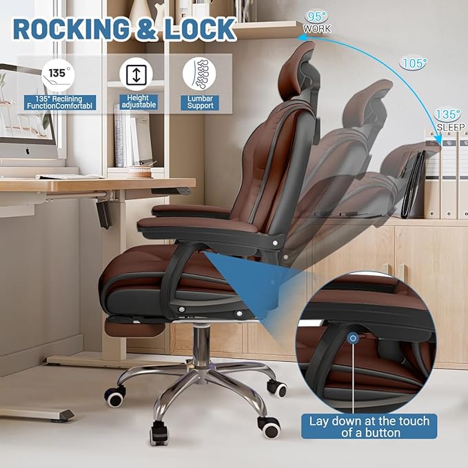 Executive Computer Chair Home Office Desk Chair,Adjustable Angle, Ergonomic Adjustable Height PU Leather Chairs with Cushions Armrest for Long Time Seating-High Office Chair with Footrest