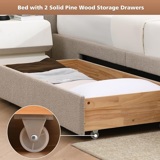 VELOCAVA Queen Size Upholstered Bed Frame with 51.77" Tall Headboard and Soft Rounded Corners, Side Storage Drawers, 12-Slat Support, No Box Spring Needed, Linen-Blend Fabric, Beige