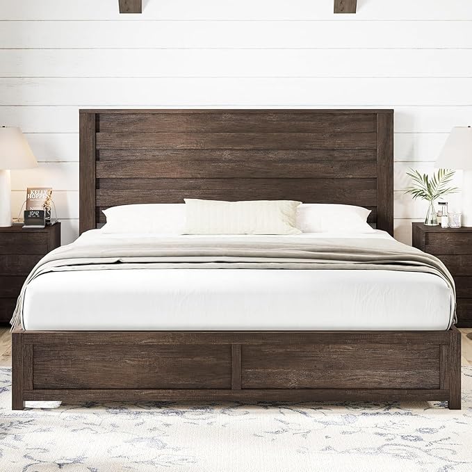 AMERLIFE Farmhouse King Platform Bed Frame with 49" Fluted Headboard, Wooden Bed with Natural Grain Finish, Noise-Free, No Box Spring Required, Easy Assembly, Grey