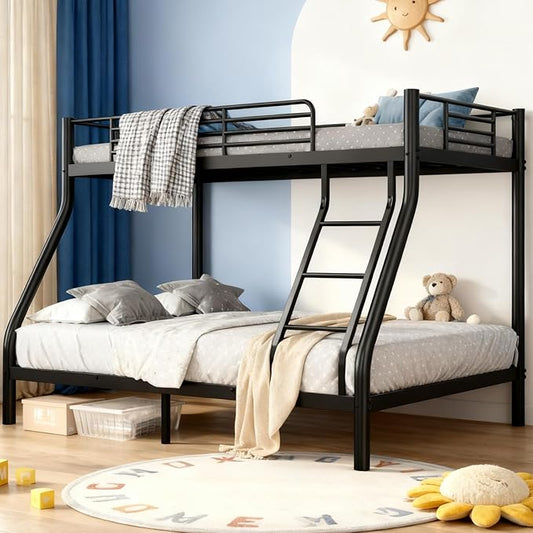Twin Over Full Bunk Bed for Adults, Metal Bunk Beds Twin Over Full Size for Teens Dorm Bedroom Guest Room, Heavy Duty Bunk Beds with Ladder & Guardrail, No Box Spring Needed, Black