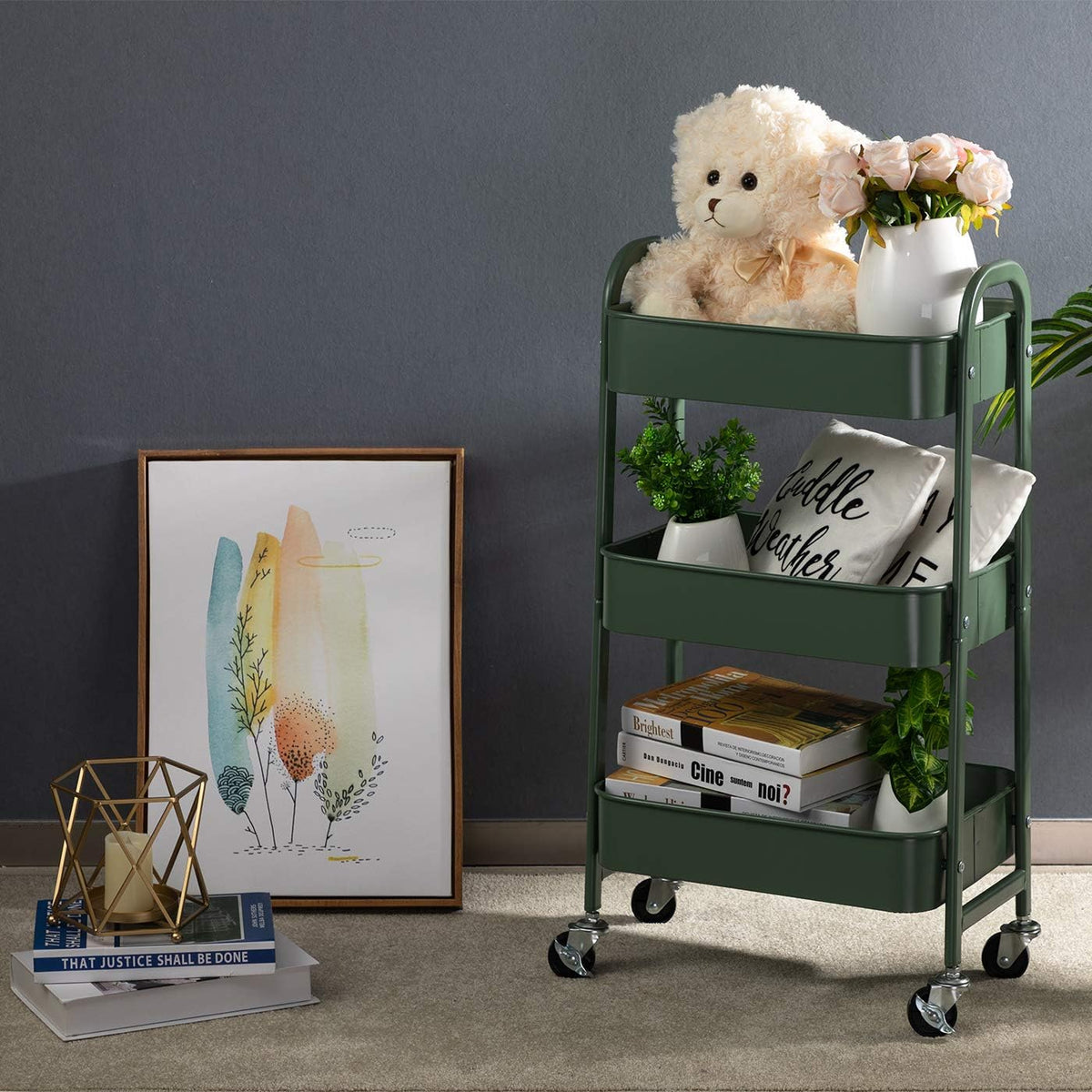 AGTEK Movable Rolling Organizer - 3 Tier Metal Storage Cart, Green