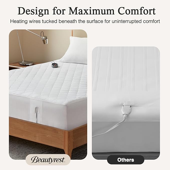 Beautyrest 3M Scotchgard Heated Mattress Pad - Electric Bed Warmer with 5 Heat Settings, 10 Hr Auto Shut Off Timer, All Around Elastic Deep Pocket, UL Certified, Machine Washable, White Twin