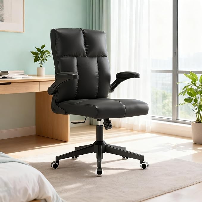 Ergonomic Home Office Desk Chair with Space Saving Flip-Up Arms, 360° Swivel & Reclining Back, High-Back Executive Chair in Soft Faux Leather Chair Multi-Angle from 90° to 135°（Gray）