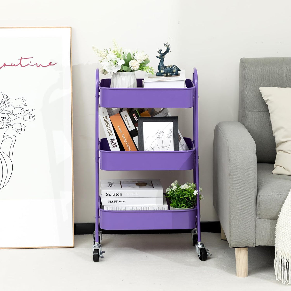 AGTEK Makeup Cart, Movable Rolling Organizer Cart, 3 Tier Metal Utility Cart with Lockable Wheels for Home & Office, Violet