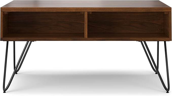 SIMPLIHOME Hunter Small Lift Top Coffee Table - 36 inch Wide Solid Walnut Veneer and Metal Industrial Cocktail Table, Living Room Table with Hidden Storage, 2 Cubbies, and Hairpin Legs