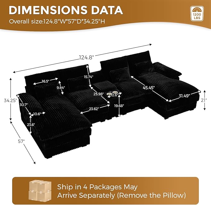 HYJT-H&K 124" U Shaped Cloud Couch Sectional, Comfy Fluffy Plush Corduroy Dark Black Sectional Couches for Living Room, Modern Modular Corduroy Couch Sectionals with Central Console & Double Chaise