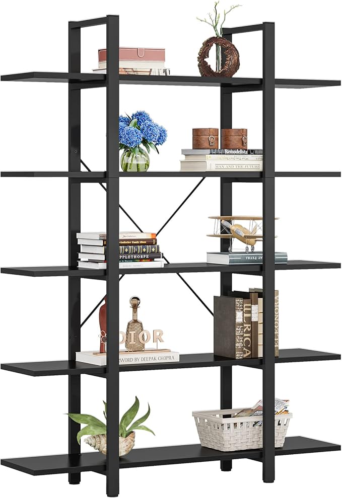 Tribesigns 5-Tier Bookshelf, Vintage Industrial Style Bookcase 72 H x 12 W x 47L Inches, Black