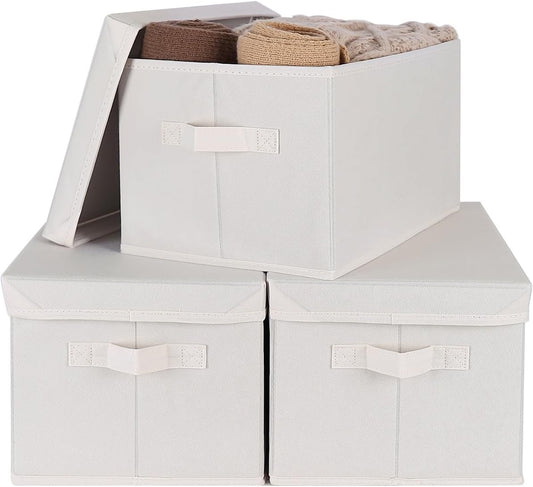 WUIKE 3 Pack Large Fabric Storage Baskets with Cover for Bedroom, Closet Storage Bins with Lids for Clothes, Towel, Blanket, Purse, Hats