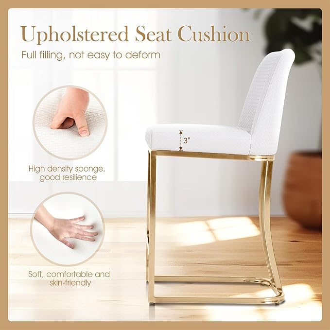 Sophia & William Creamy White & Gold Counter Height 2 Bar Stools Set - Farmhouse Style with Back, Modern Faux Leather Upholstered