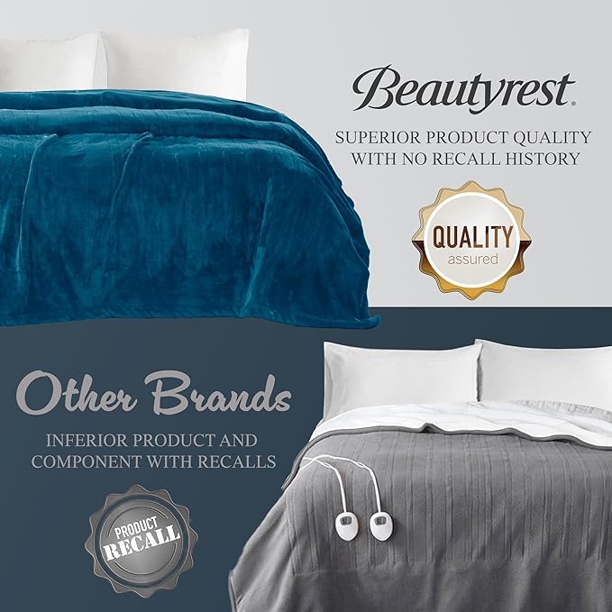 Beautyrest Heated Electric Blanket for Cold Weather, Fast Heating Heated Blanket, Auto Shut Off, Virtually Zero EMF, Multi Heat Setting, UL Certified, Teal Throw (60 inx70 in)