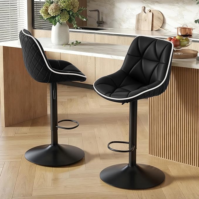 Nalupatio Bar Stools Set of 4, Adjustable Swivel Counter Height Bar Stools with Back, Armless Modern Barstools for Kitchen Island & Home Bar, Upholstered Seat,（Black）