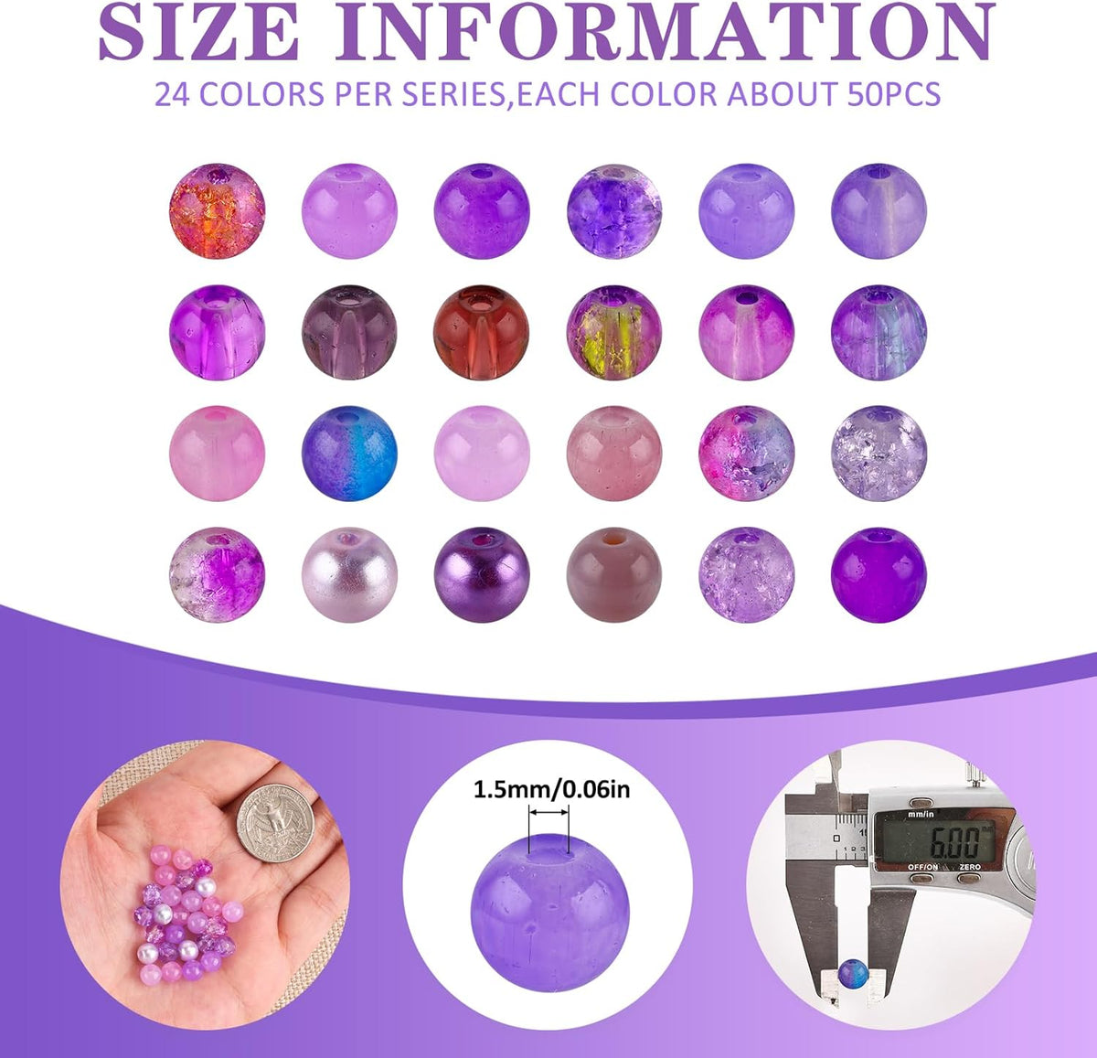 XSEINO About 1200PCS 6mm Glass Beads Bracelet Making Kit,24 Assorted Violet Elegant Series Colorful Crystal Beads for Bracelet and Jewelry Making and DIY Crafts,Friendship Bracelets