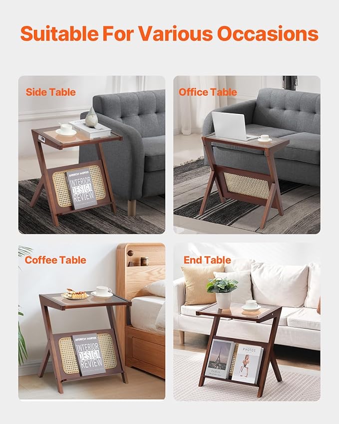 VEVOR End Table, Z-Shaped Rattan Woven Bamboo Coffee Table with Tempered Glass Top, 20” Modern Boho Storage Coffee Table with Natural Bamboo Legs, for Living Room, Bedroom & Small Spaces