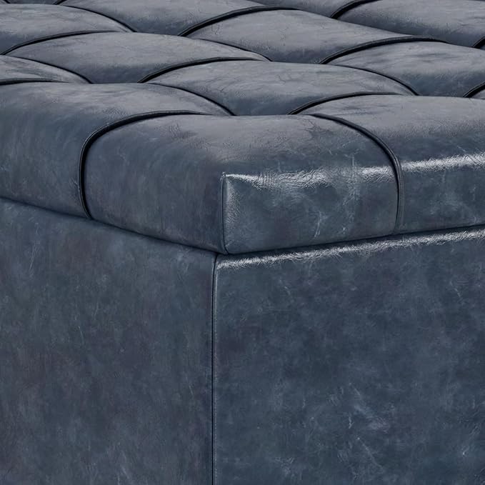 SIMPLIHOME Harrison 40 inch Wide Transitional Square Large Coffee Table Storage Ottoman in Denim Blue Vegan Faux Leather, Assembled, for The Living Room and Bedroom