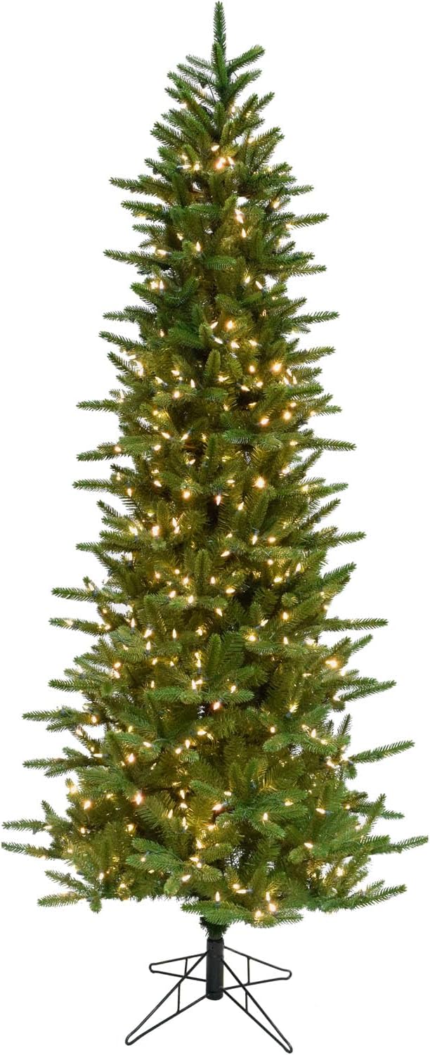 Fraser Hill Farm 7.5-Ft. Carmel Pine Slim Artificial Christmas Tree with White Incandescent Smart Lights and Stand, Prelit Foldable Fake Tree with Realistic Foliage for Home Decoration