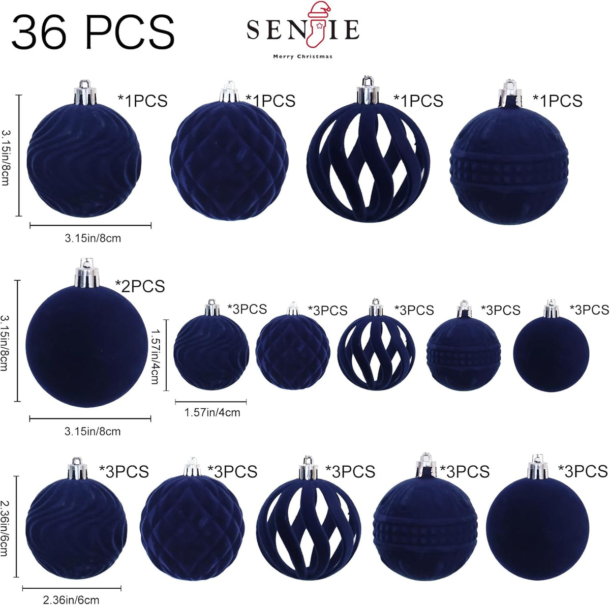 36pcs Velvet Christmas Ornaments, Flocked Christmas Balls Sets Assortment for Christmas Tree Holiday Decor