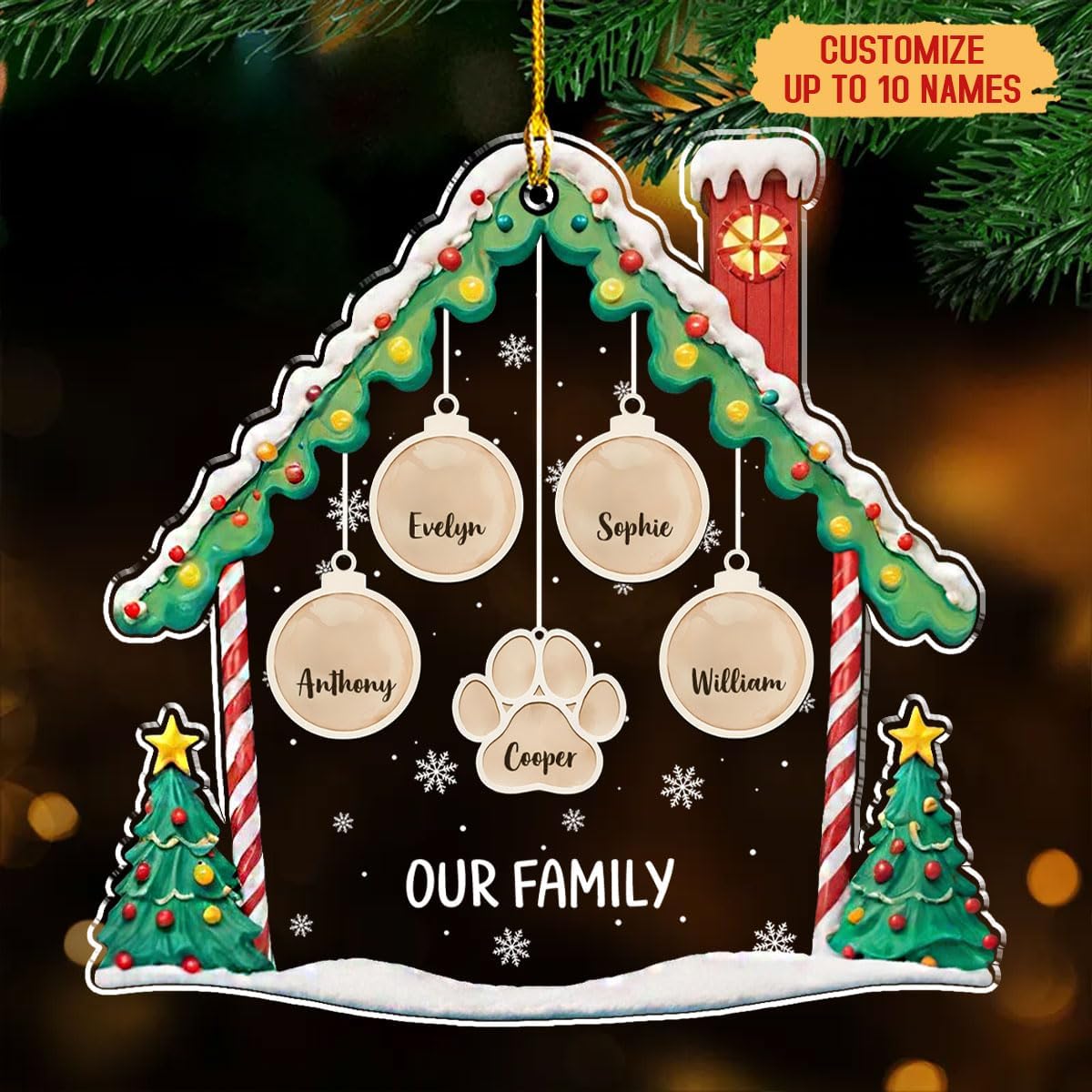 Personalized Family Christmas Acrylic Ornament 2024 - Custom Name Charms Family Members up to 10 People and Pets, Paw Charm Ornament Gifts for Family Tree Decoration (A02, 10 Names)
