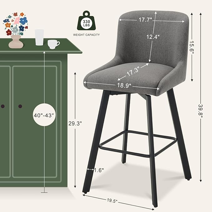 Swivel Bar Stools Set of 4, 29''H Upholstered Barstools with Backs, Modern Counter Height Bar Stool Chairs for Kitchen Island, Metal Legs, Fabric, Gray Counter Stools