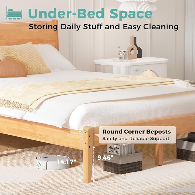 Queen Bed Frame with Headboard, Malaysian Oak Queen Bed Frame No Box Spring Needed, Farmhouse Platform Bed Frame with 12 Slats Support, Easy Assembly, Rustic Pine