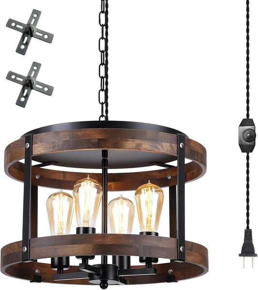 4-Light Large Rustic Farmhouse Plug in Pendant Light Fixture with Adjustable Chain, Dimmable Switch, 16.5 inch Oak Wood Drum Hanging Lamp for Dining Room Living Room Farmhouse Entry, Black