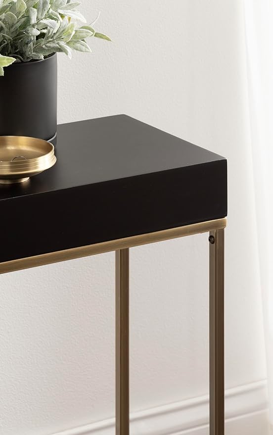 Kate and Laurel Karlsen Modern Wood and Metal Narrow Side Table, 16 x 8 x 24, Black and Antique Brass, Minimal Slim End Table for Use as Bedroom Nightstand or Accent Entryway or Living Room Decor